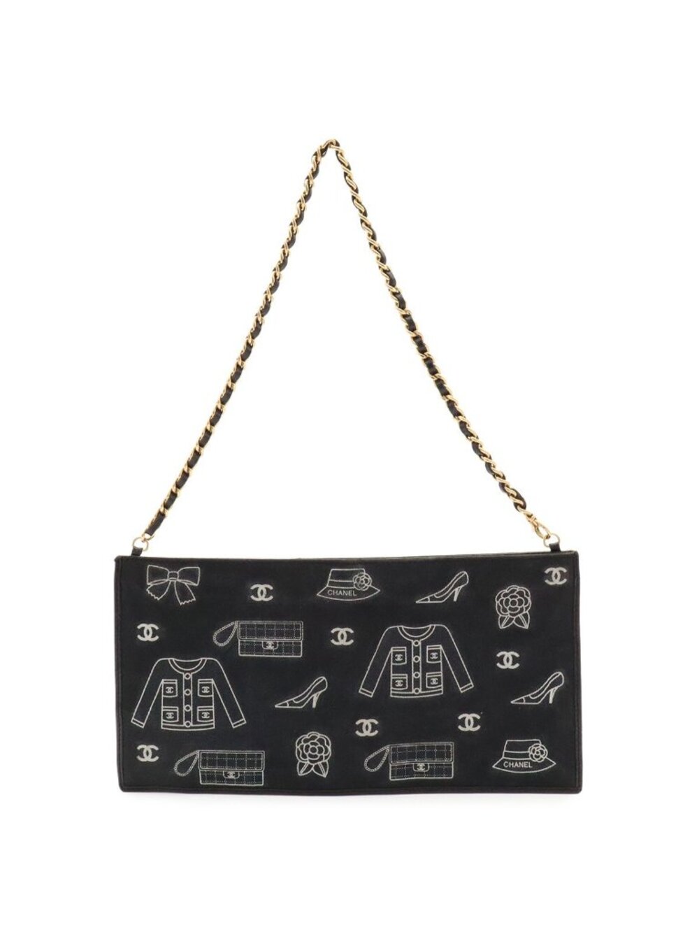 Chanel Icon Print Chain Shoulder Bag Party Canvas Leather Black Gold